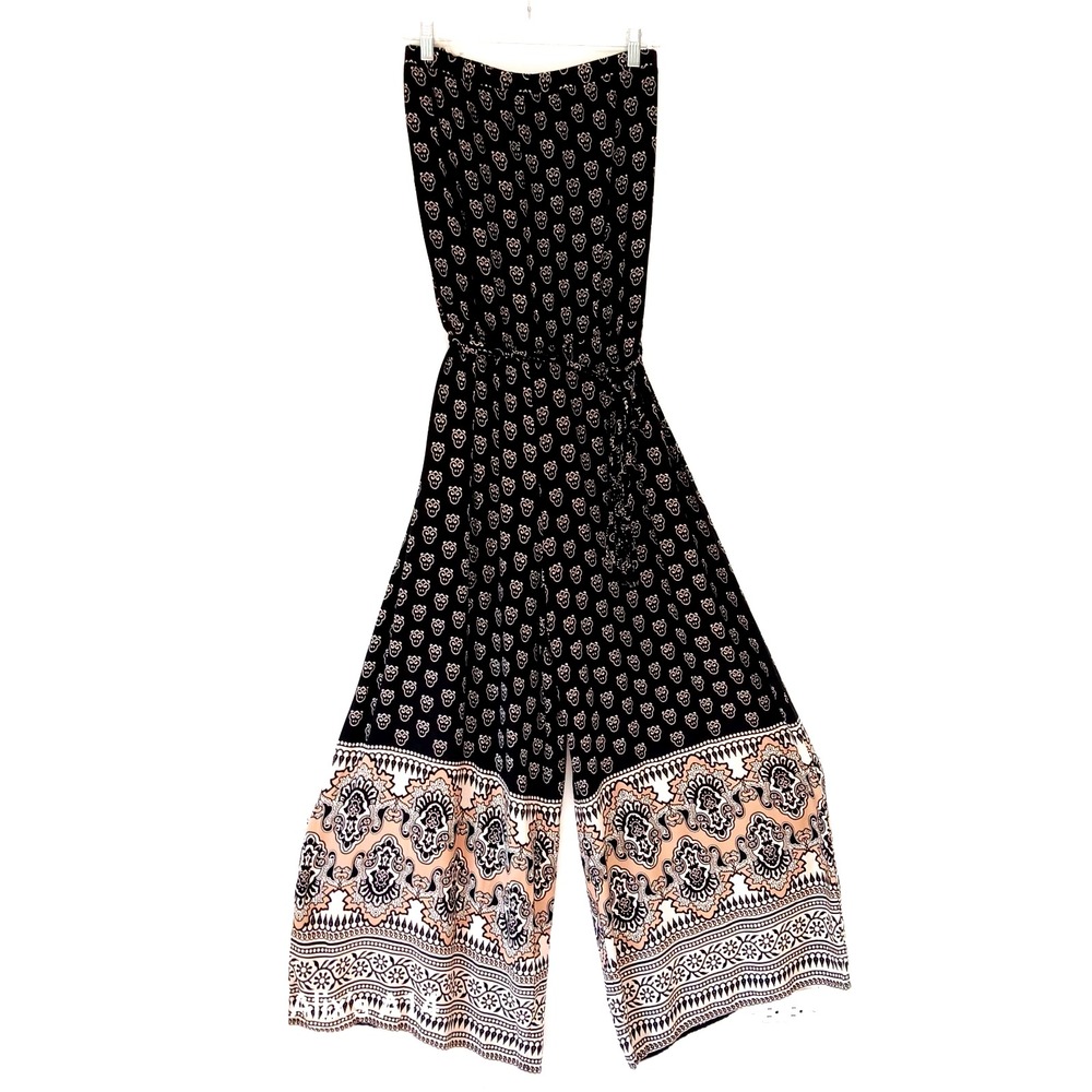 MSK Women's Black Aztec Paisley Romper Size Large Strapless Wide Leg Summer Chic